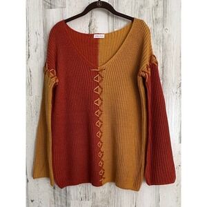 HWA Apparel Sweater S/M Orange Yellow Colorblock Lace Up V-Neck Shaker Knit